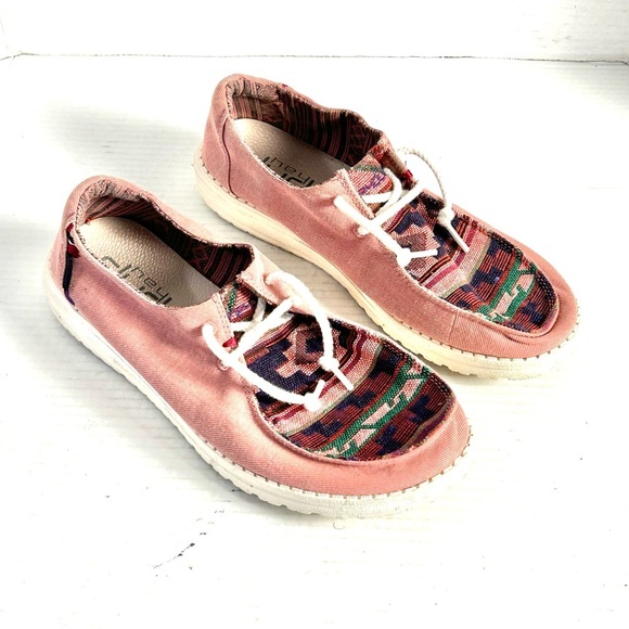 Hey Dude Shoes Wendy Boho Distressed Maya Pink Mauve Aztec Womens EU 42 / US 11 - Picture 1 of 12